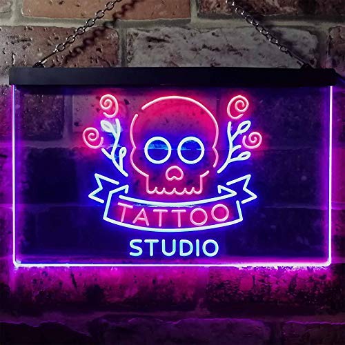 Skull Tattoo Studio Dual LED Neon Light Sign